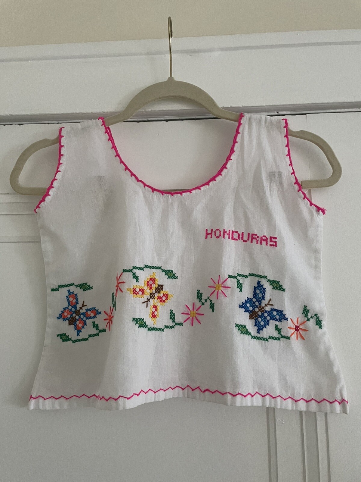 Vintage 60s Hand Stitched Honduras Travel Summer Cotton Crop Top Butterflies XS