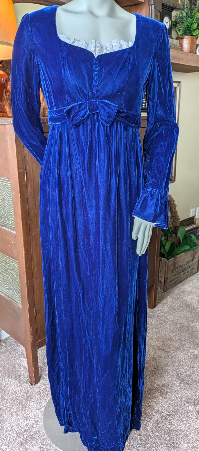 Vtg 13/14 Lorrie & Deb crushed velvet midnight blue Maxi Dress Prairie 60s 70s