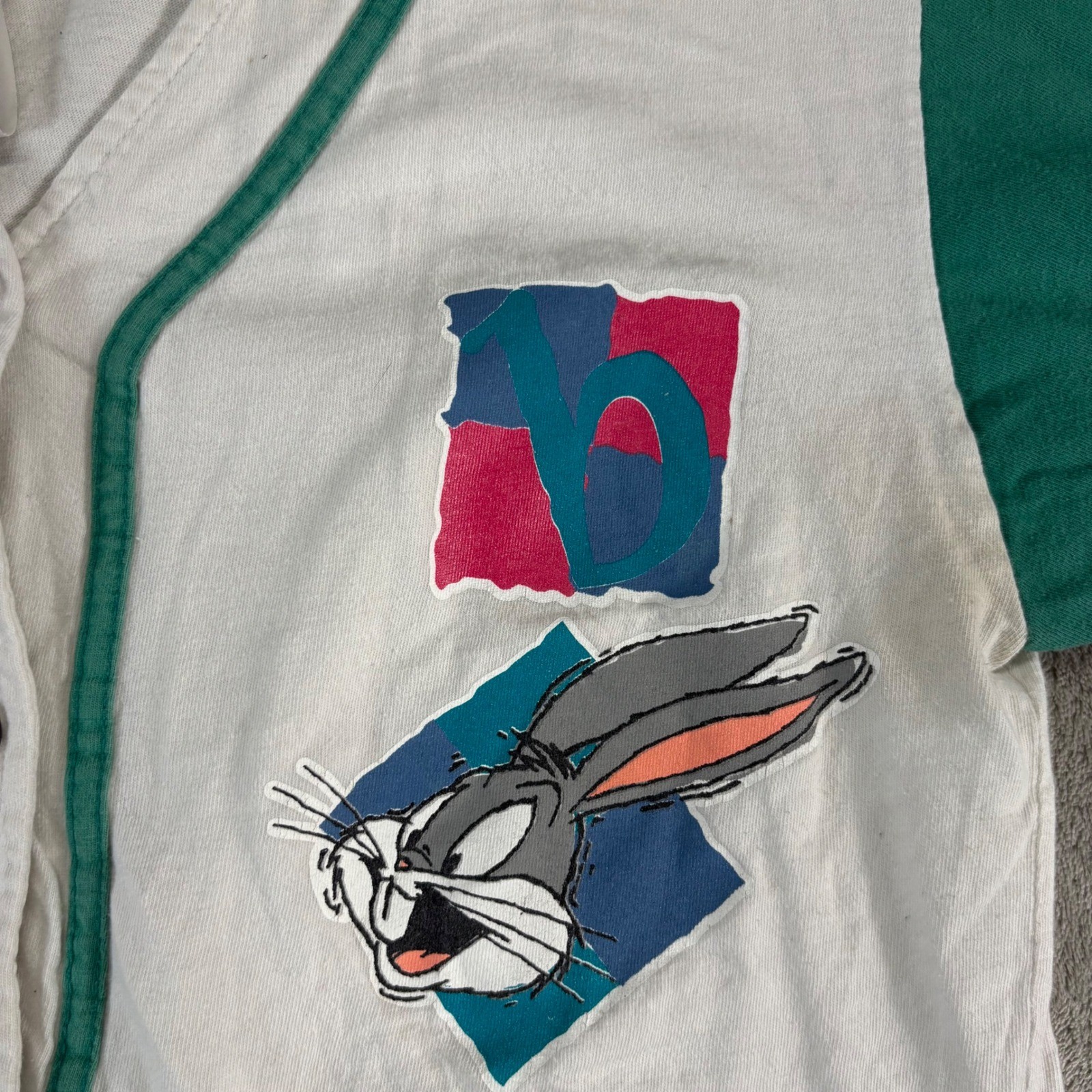 VTG Sun Sportswear Bugs Bunny Baseball Jersey Women Medium White Green 1994 90s