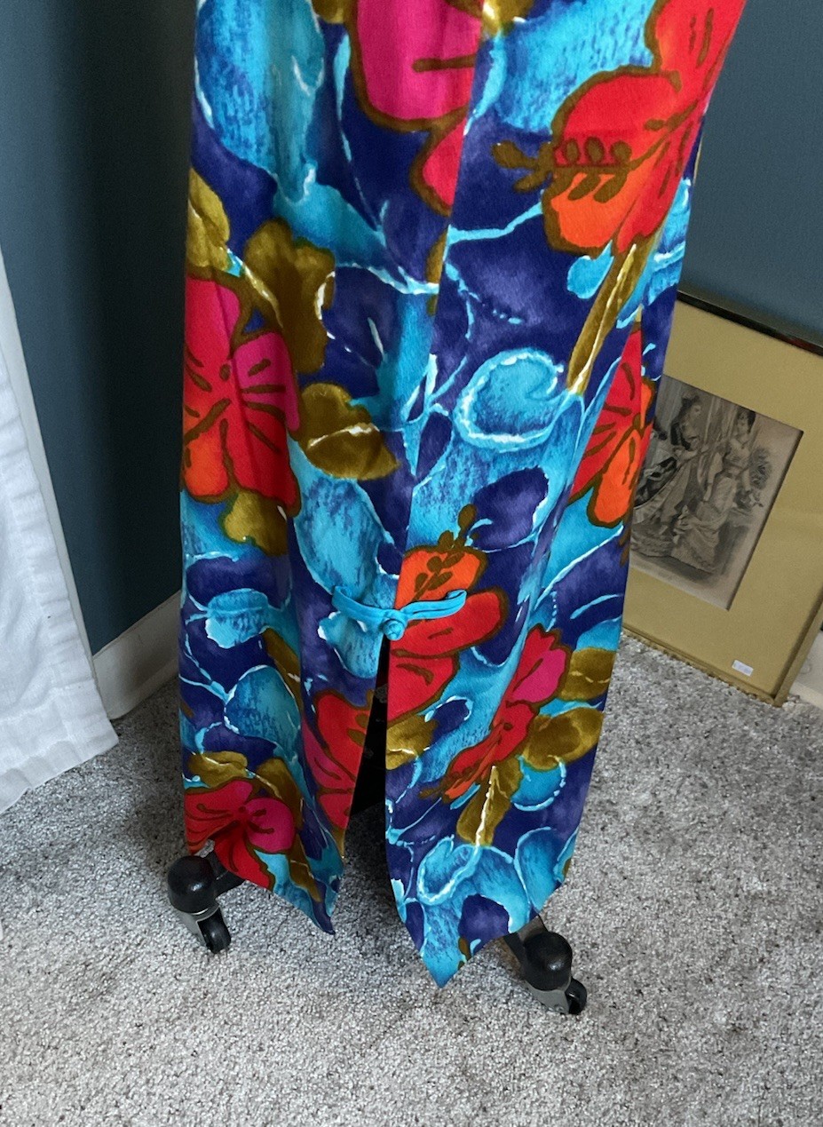 VTG 60s Hawaiian Sheath Dress Maxi Orange White Tropical Floral Sleeveless Small