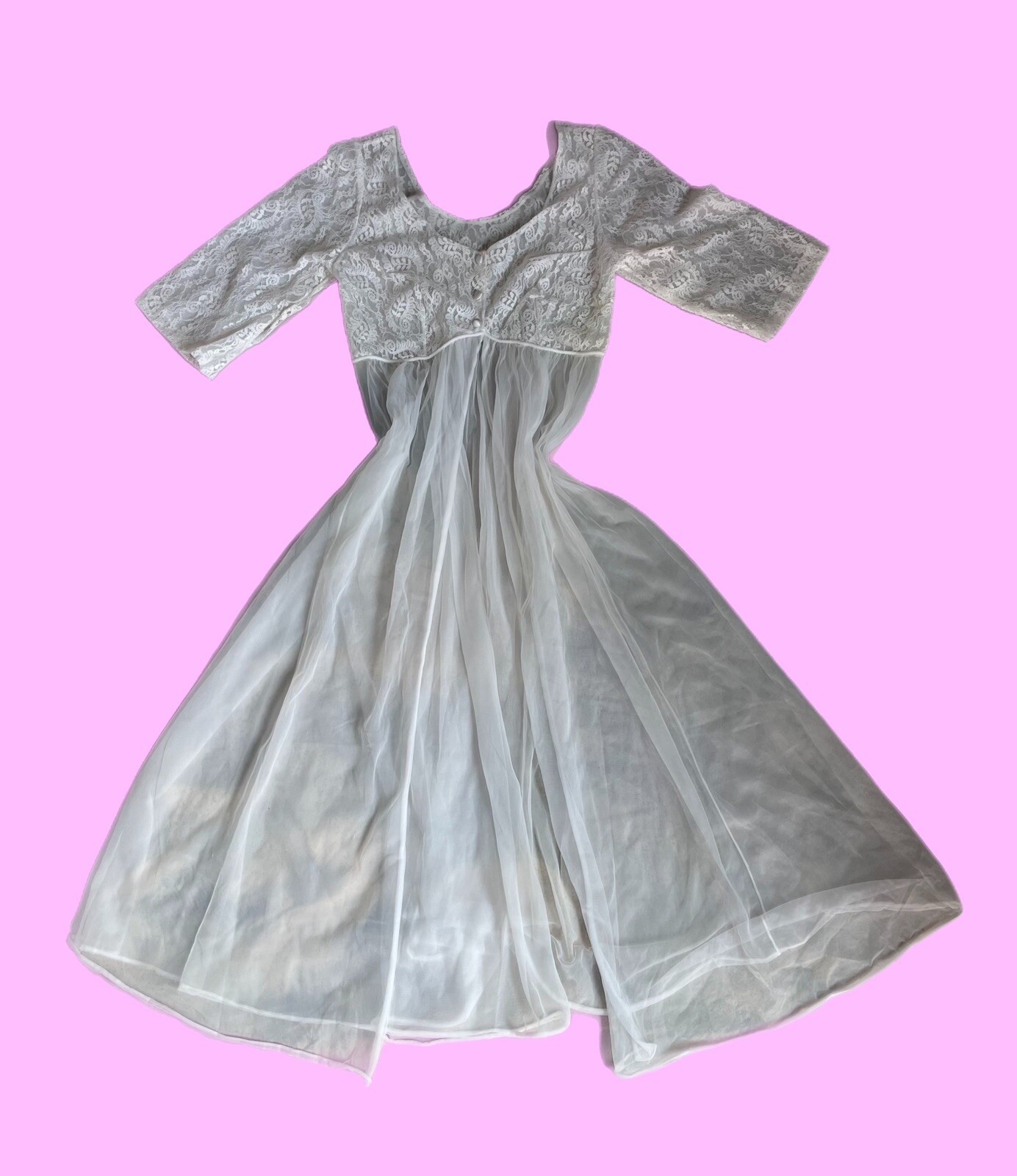Vintage Lisette Long Peignoir 32 Sheer Chiffon Nylon White Robe Lingerie USA Sm