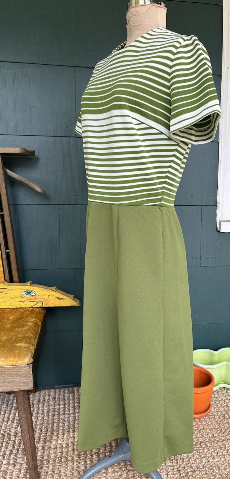 Vintage 60s Dress Avocado Green Striped Nardis Of Dallas Mod Preppy Mad Men