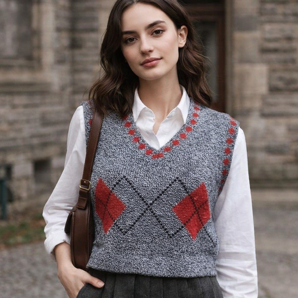 Vintage 90s Croquet Club Womens L Grey Argyle Knit Cropped Sweater Vest Preppy