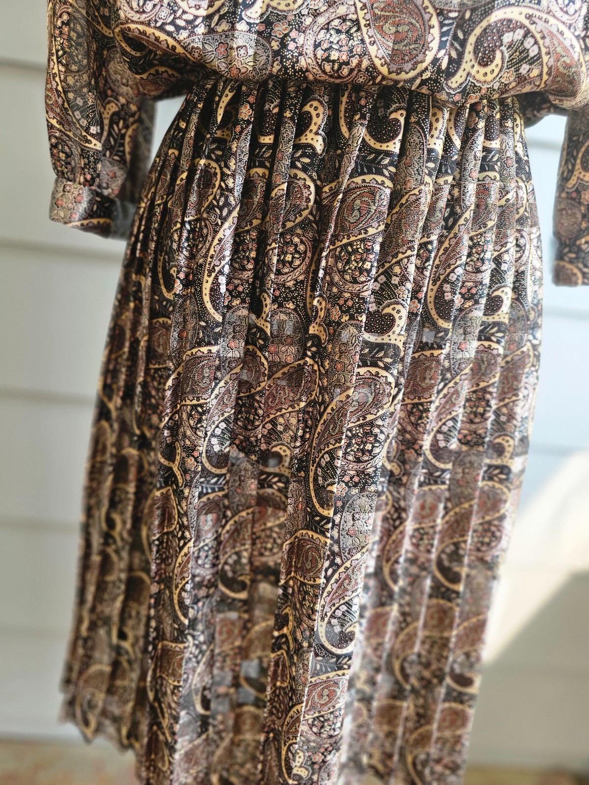 Vintage 80s Damon Petite Paisley Pleated Dress Black Gold Sheer Long Sleeve S/M