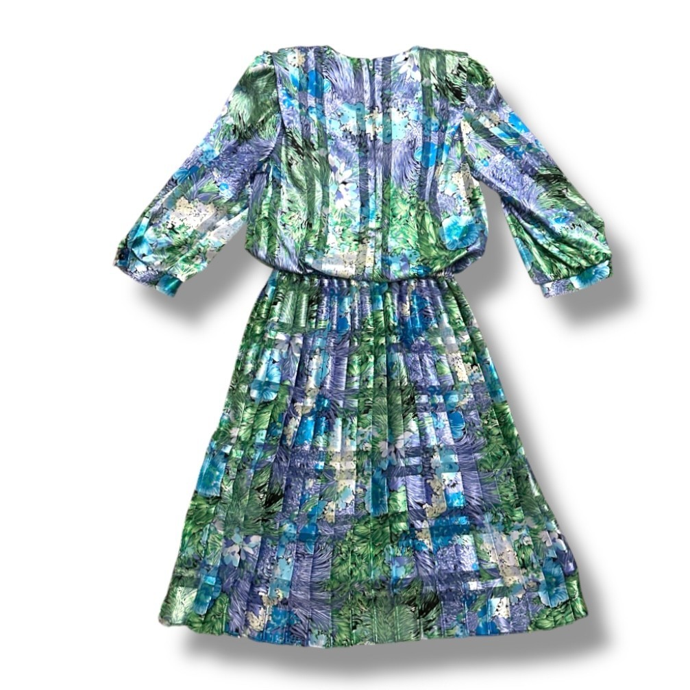 Vintage 80s Damon Petite Floral Pleated Dress Womens Size 8 Union Made USA Retro