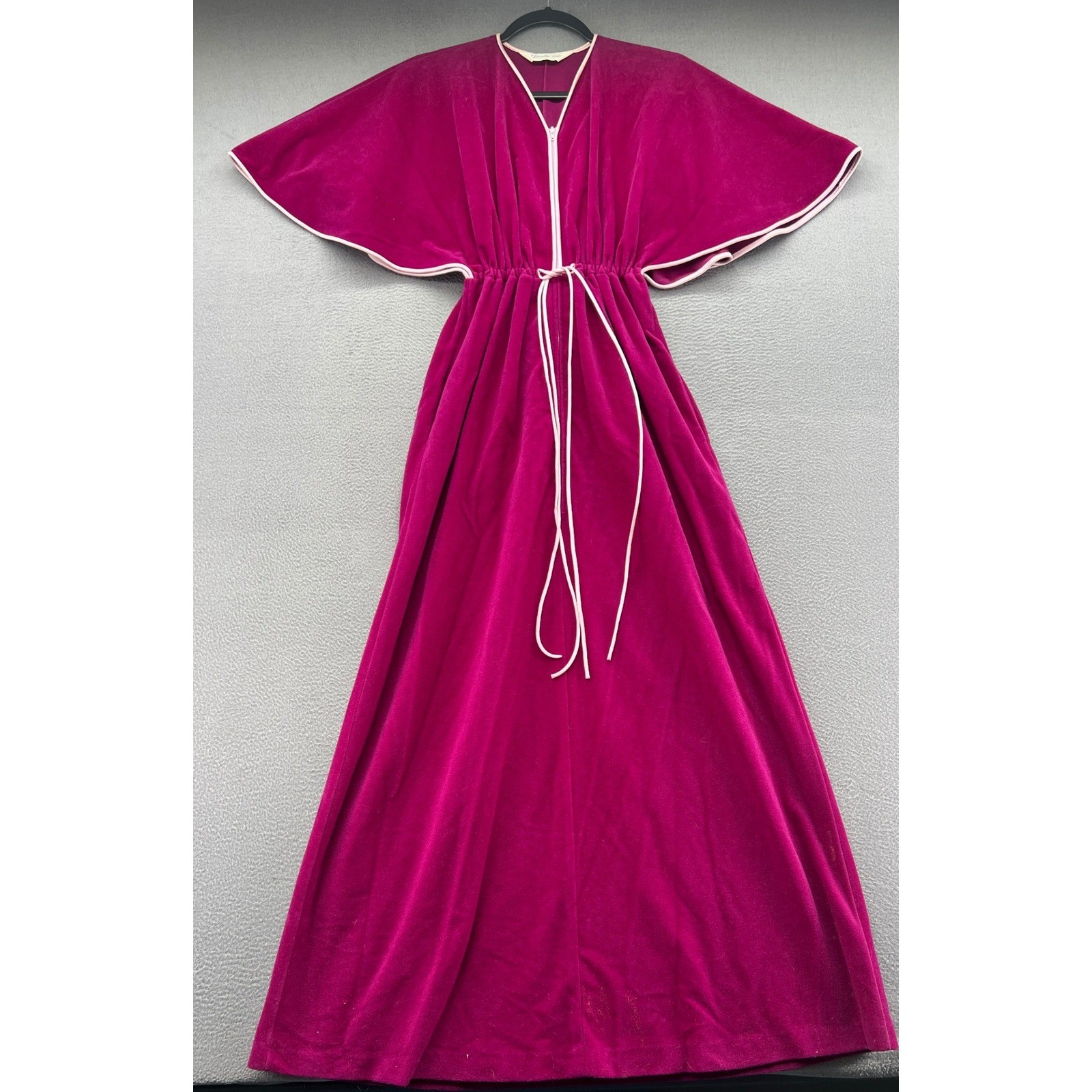 Vintage Vanity Fair Velour Kaftan Robe Magenta Pink Flutter Sleeve Maxi Dress XS