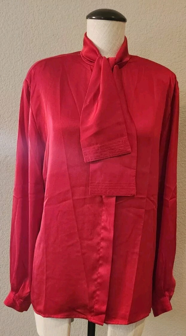 Vtg 80s Evan-Picone Red Silky Poly Neck Tie Secretary Blouse Women’s Size 12 Med