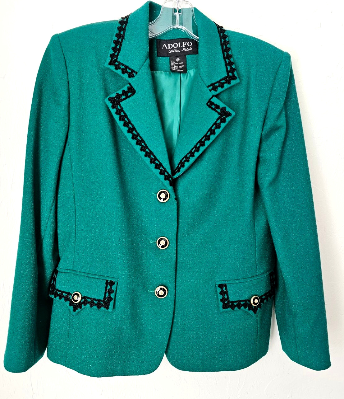 Adolfo Atelier Blazer Jacket Vtg 80s Green 100% wool god buttons sz 10P see note