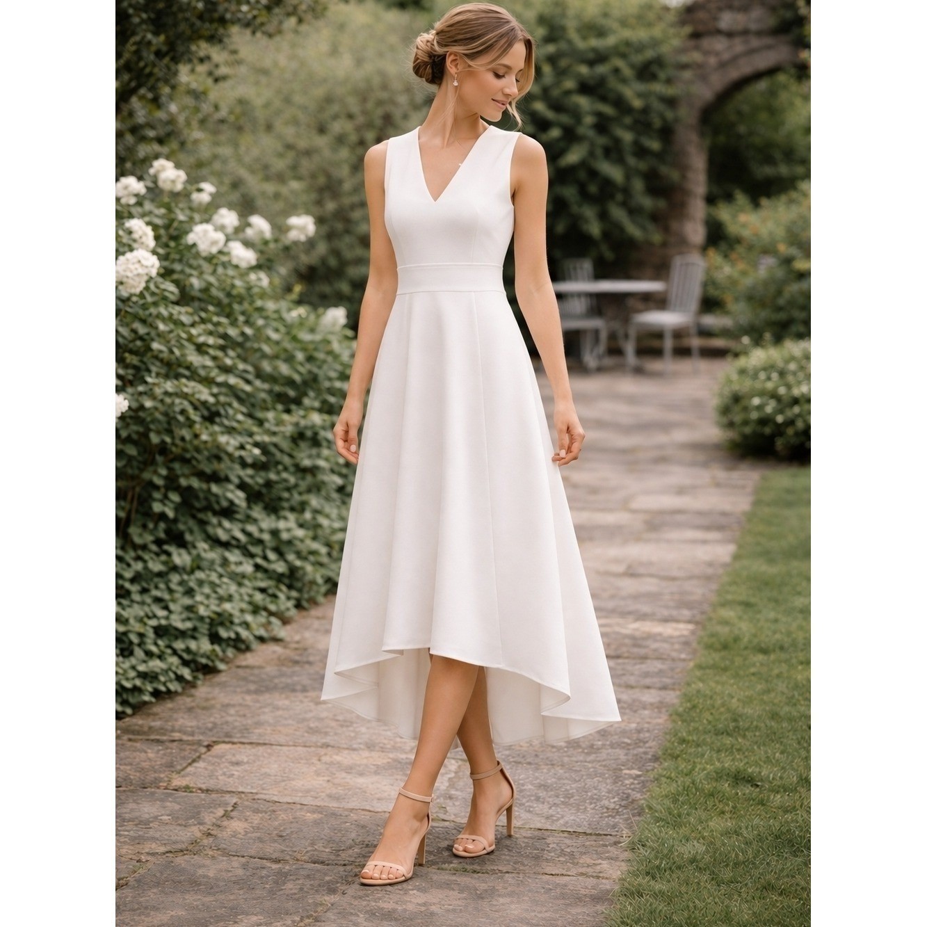 Ivory Bridal Shower High Low Dress V-Neck Midi Elegant w/ Pockets SZ 2