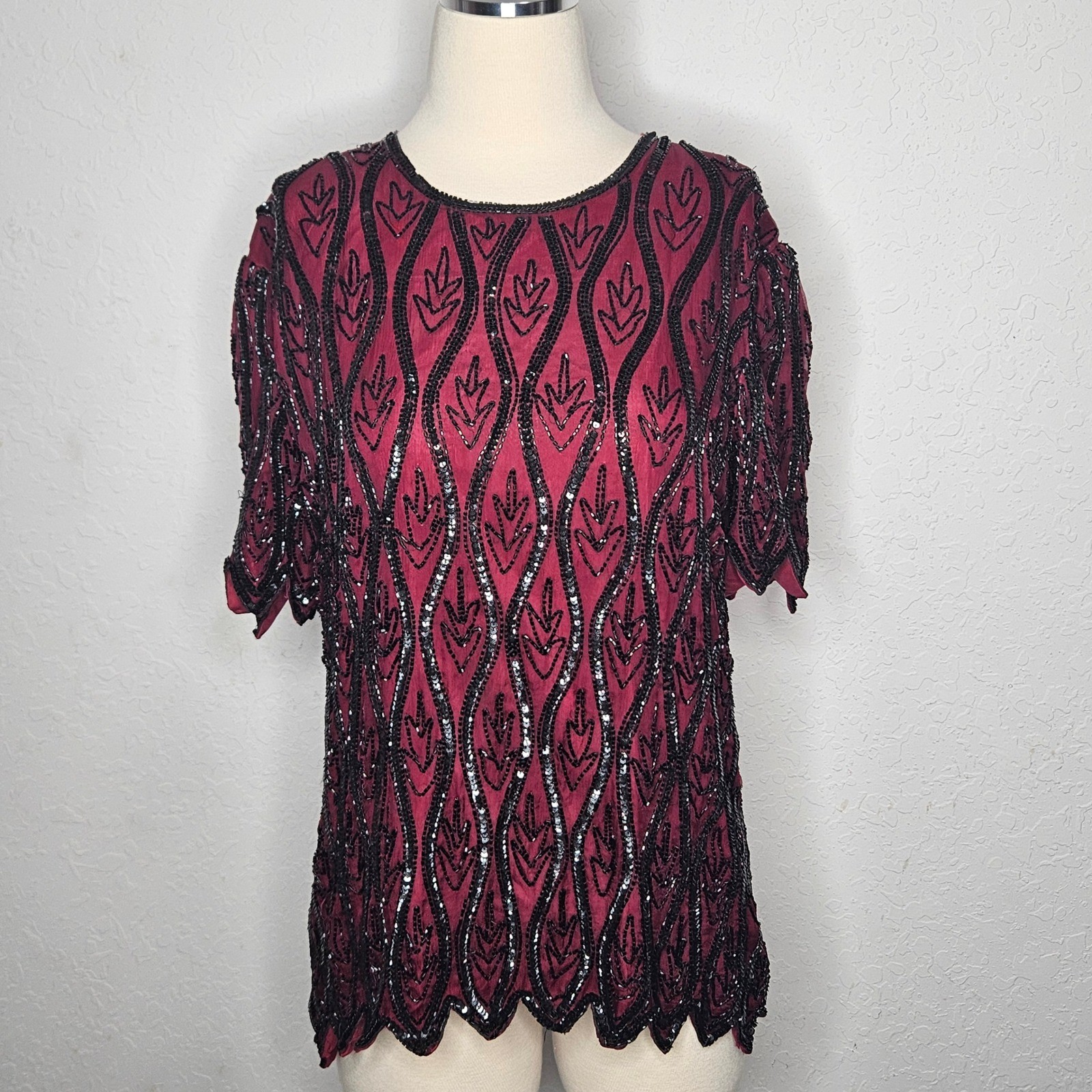 Stenay Petite Vintage Beaded Sequin Silk Blouse Burgundy Black Scalloped PL
