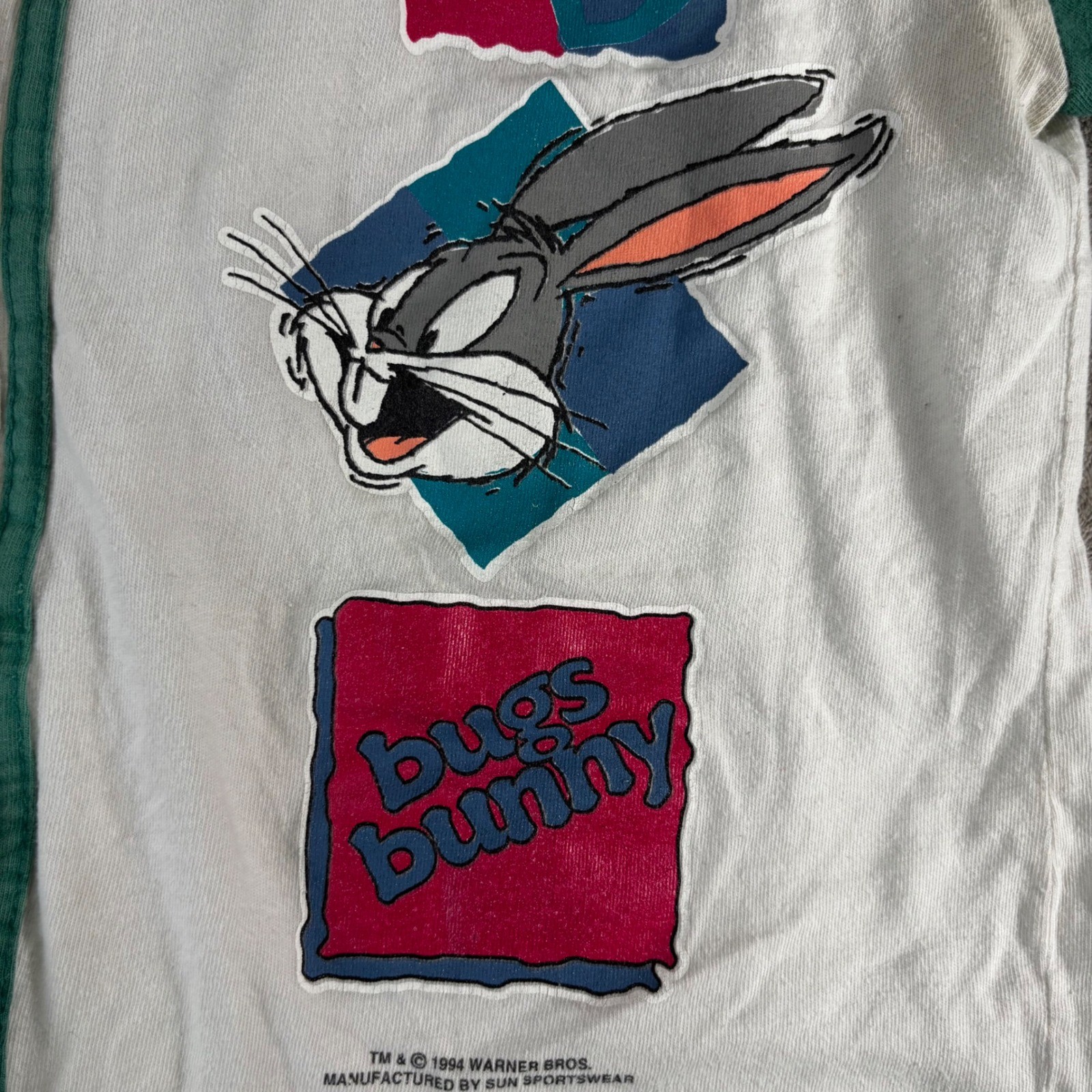 VTG Sun Sportswear Bugs Bunny Baseball Jersey Women Medium White Green 1994 90s