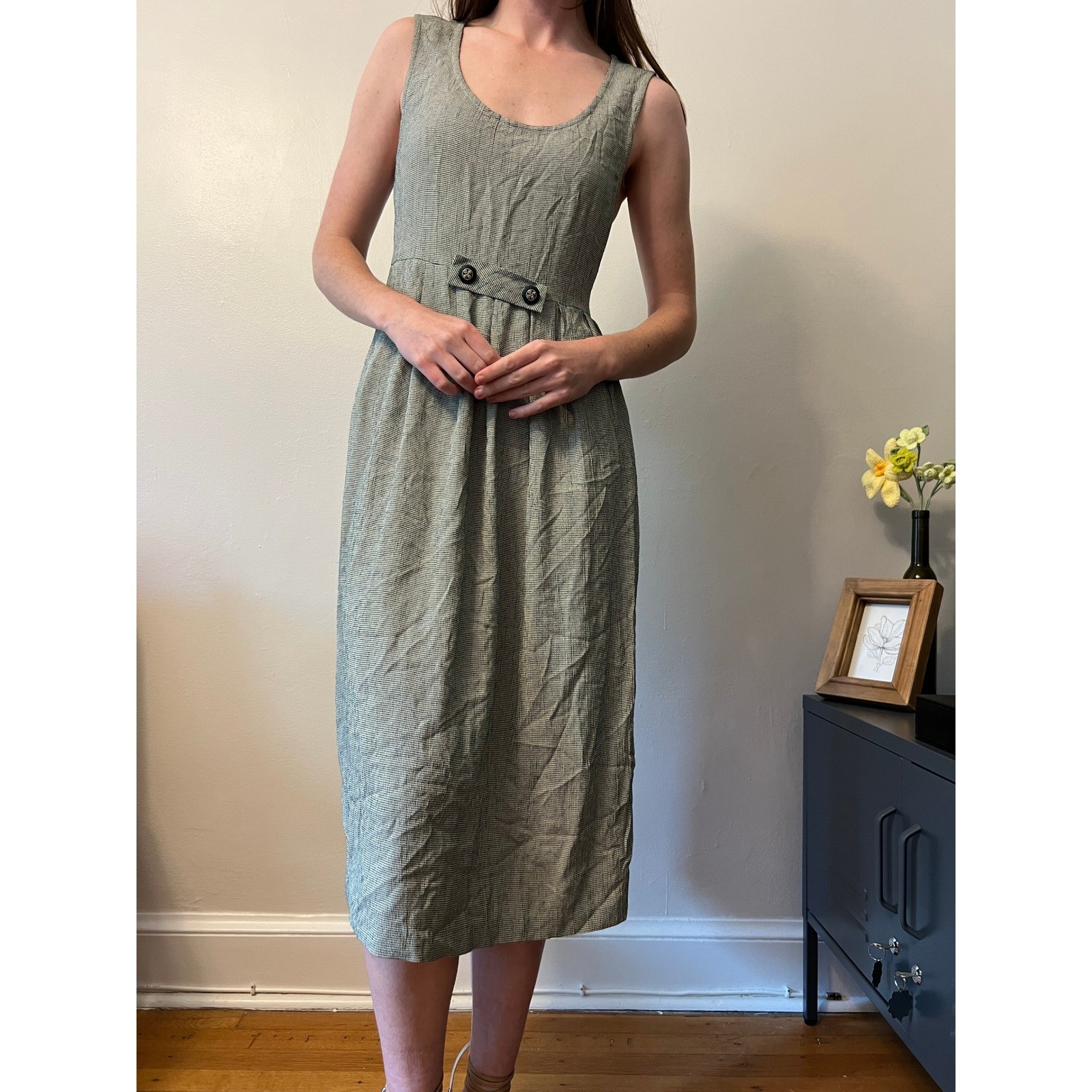Vintage Midi Dress Cottage Green Houndstooth Button Waist Accent Adjustable Size