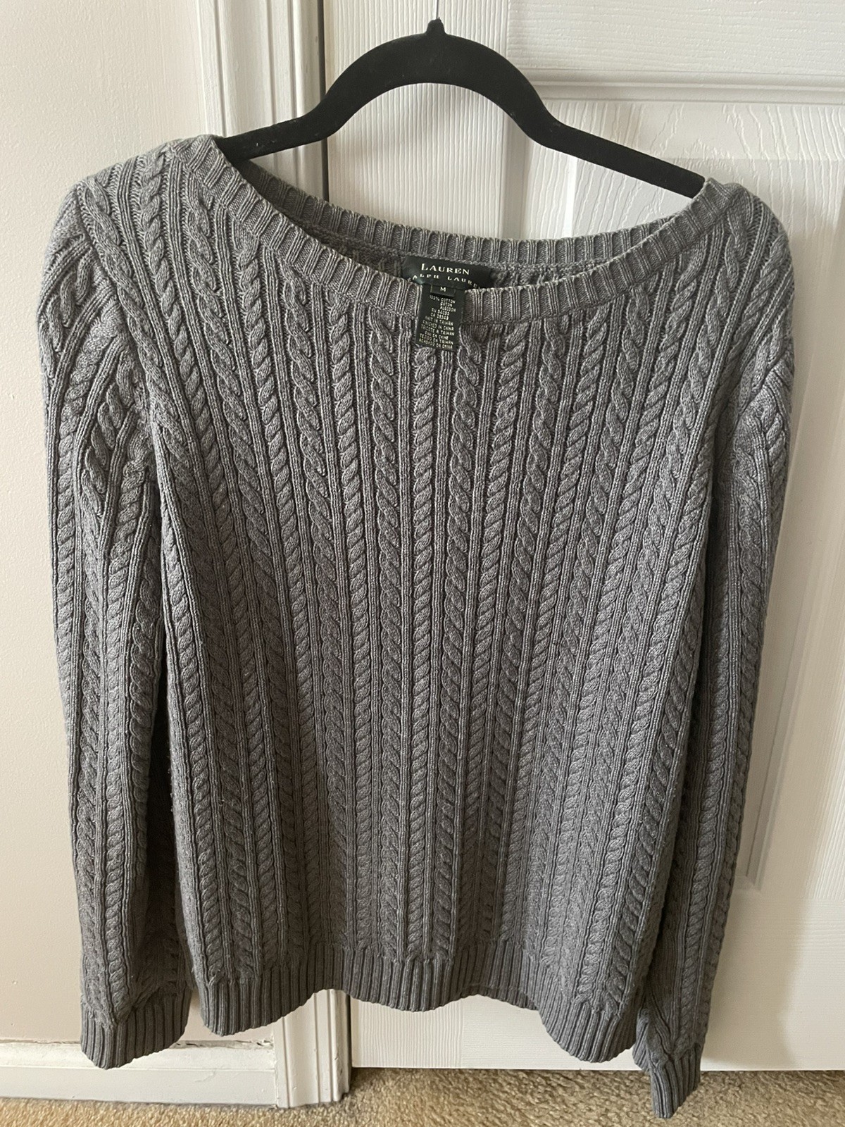 Used Ralph Lauren Cotton Cable Sweater Size M, Sophisticated Heather Dark Gray