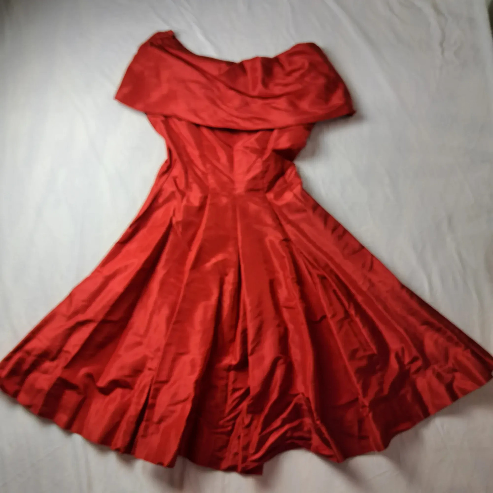 Crystal Room Vintage Red Satin Fit Flare Dress Full Skirt Double Breasted