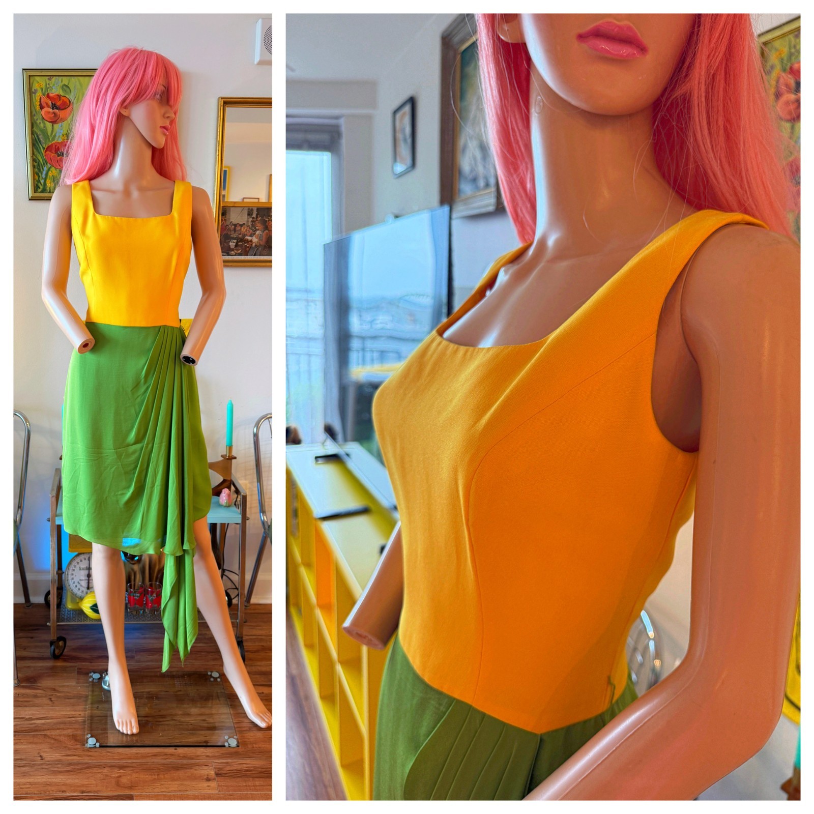 🌼 Vtg 90s Bill Blass Evening Silk Colorblock Cocktail Dress Marigold Dress M