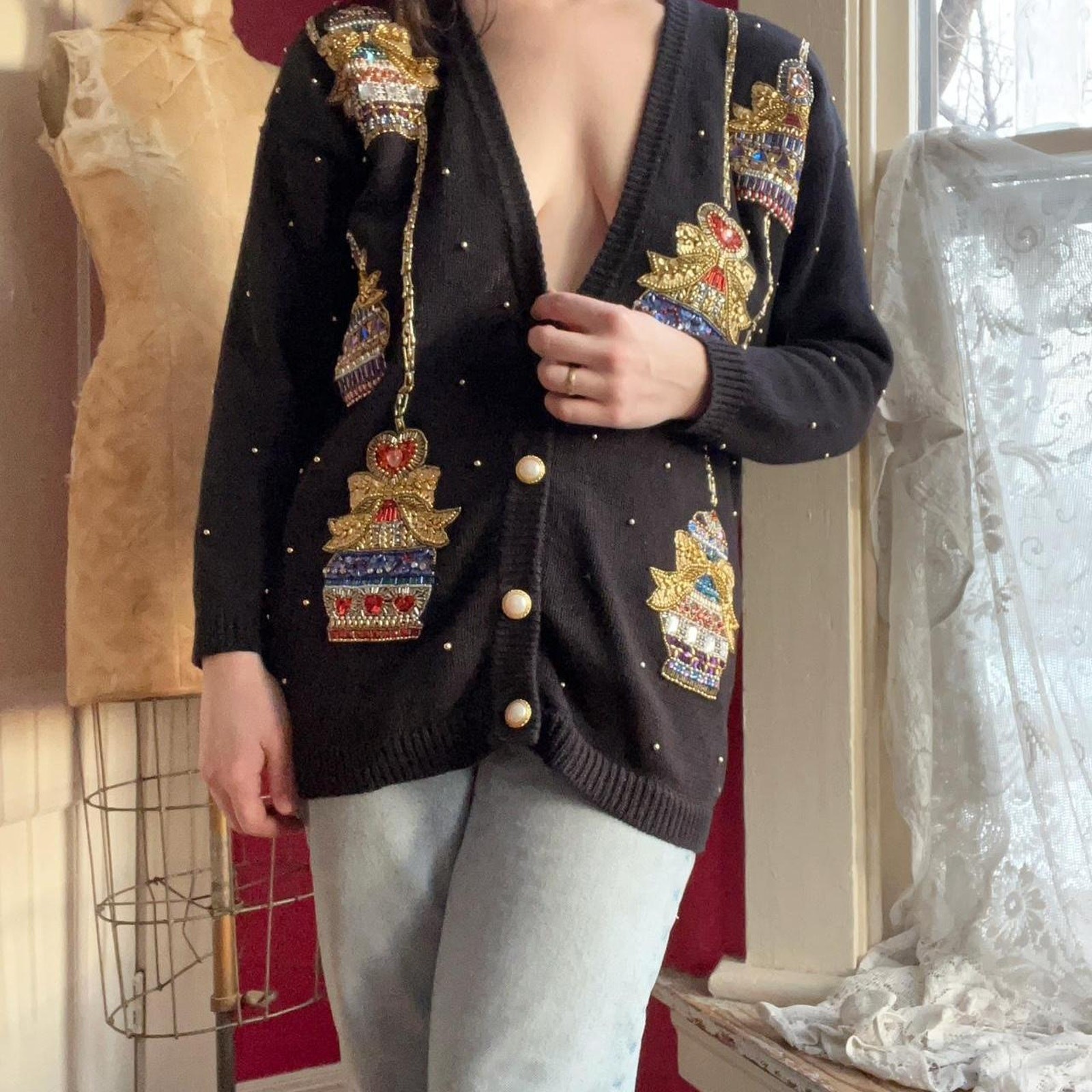 Vintage 1980s Black Cotton Beaded Sequin Hearts & Perfume Bottles Cardigan M/L
