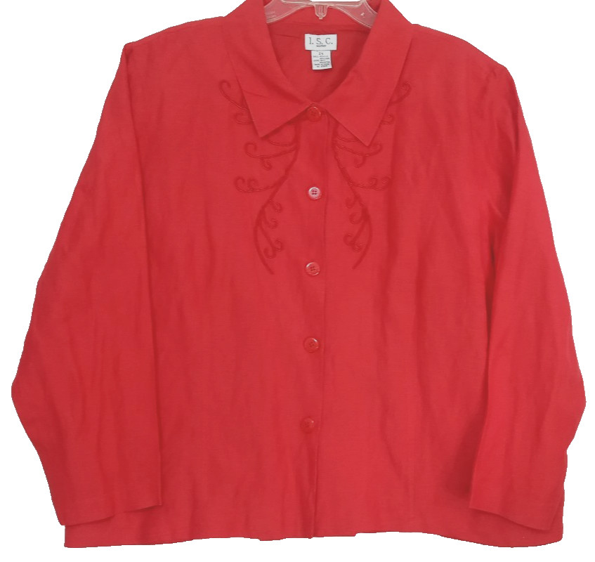 Vintage I.S.C. Top Blouse Women’s Plus 2X Red Silk Linen Blend BREATHABLE Y2K