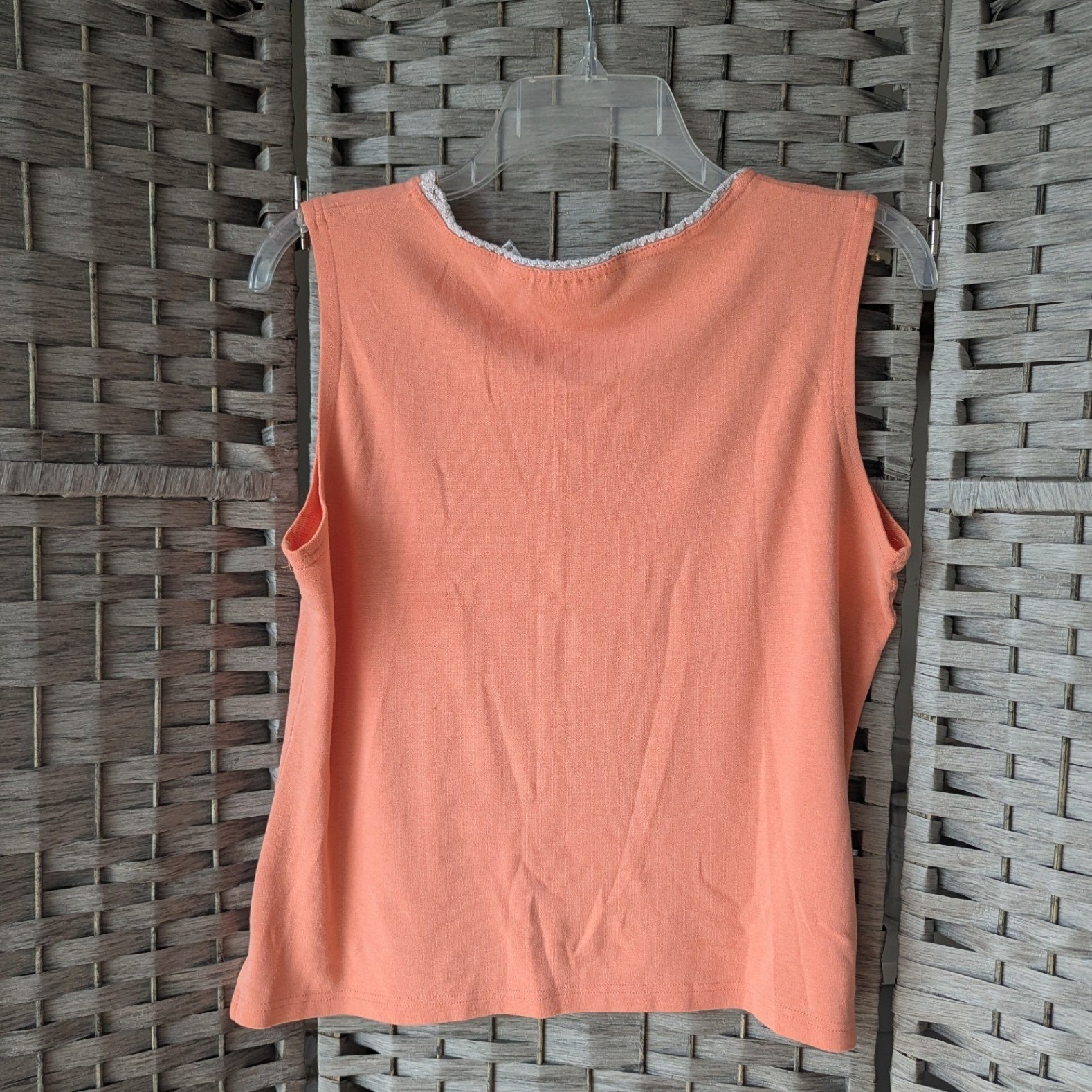 Vtg Knit Tank Top Shell Peach Crochet Neckline Trim Sleeveless XL Cottagecore