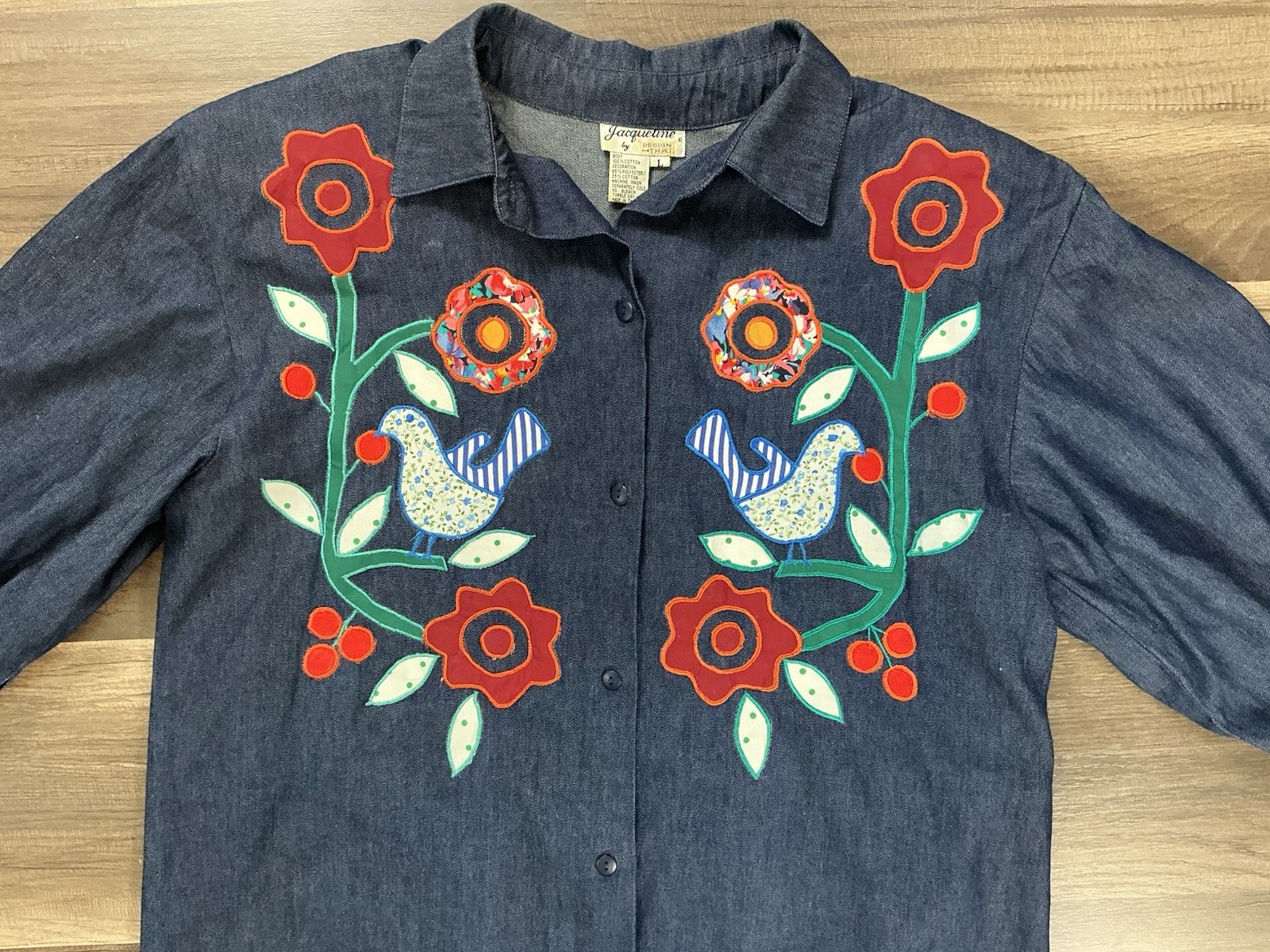 VTG Jacqueline Women’s Bird Floral Appliqué Denim Artsy Tunic L Boho Grandmacore