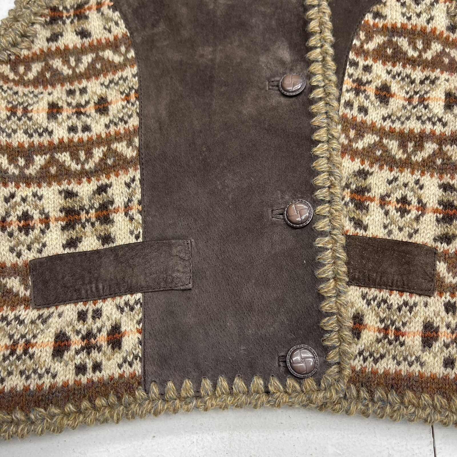 Vintage Rene Derhy Brown Wool Leather Button Up Vest Women’s Size Medium