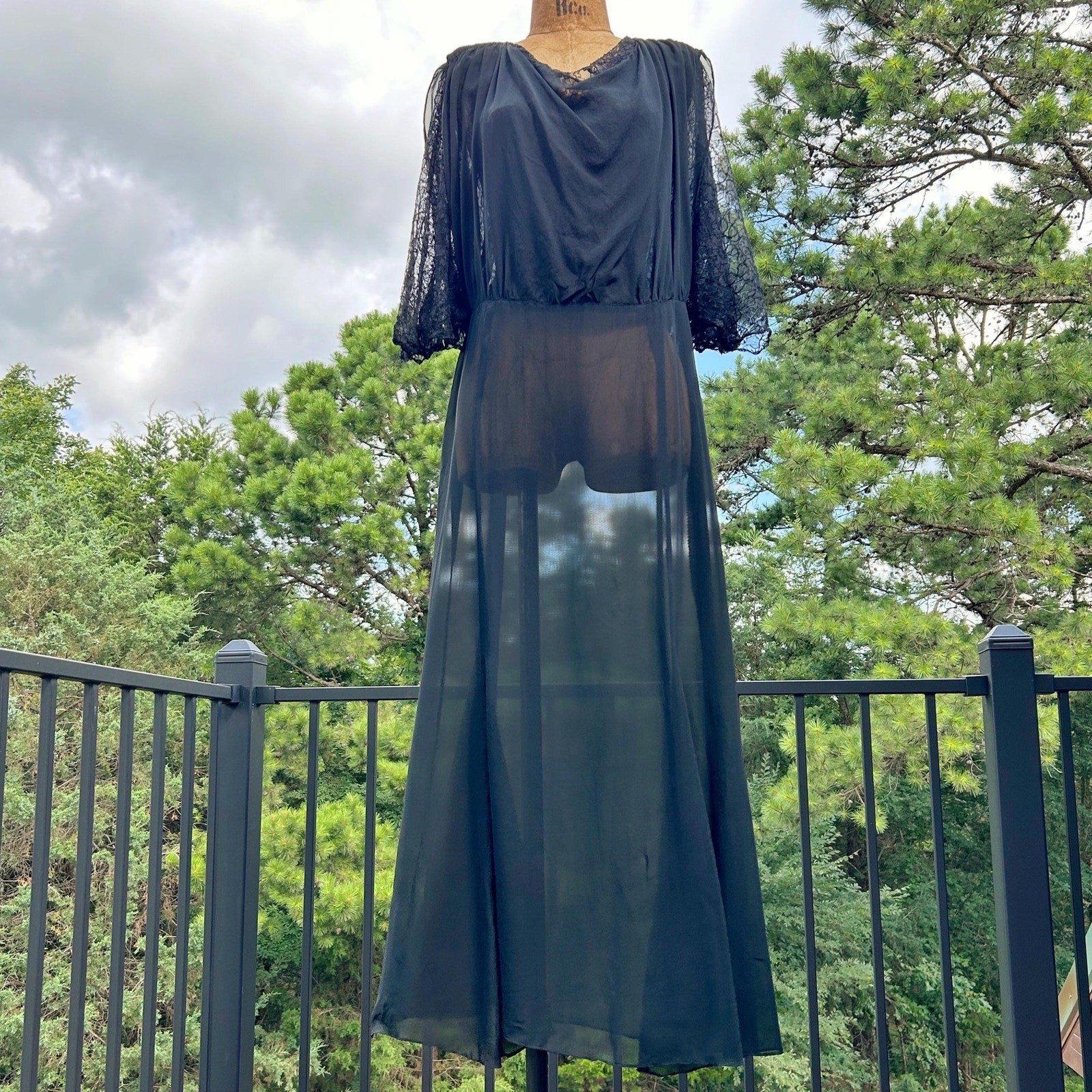 Vintage 30s Black Sheer Silk Chiffon Chantilly Lace Shirred Draped Flowy Midi