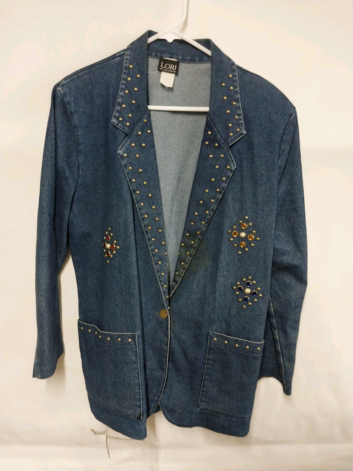 Womens BlueJean LORI Blazer 18 IN SHOULDER 30 IN LONG BEDAZZLE ShoulderPads Vtg