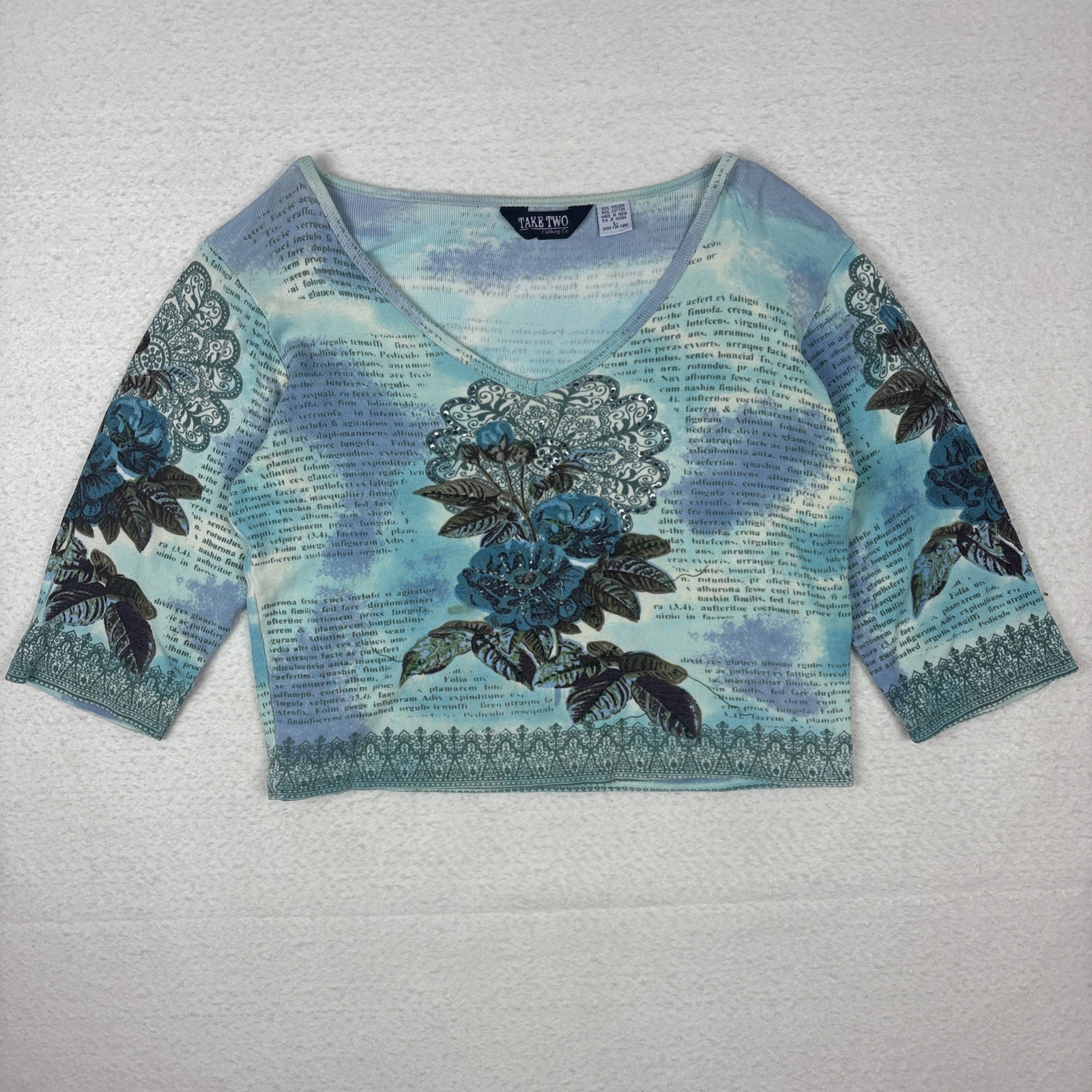 Vintage 90s Take Two Floral Beaded Tie Dye Fairy Womens L Top Blue Abstract
