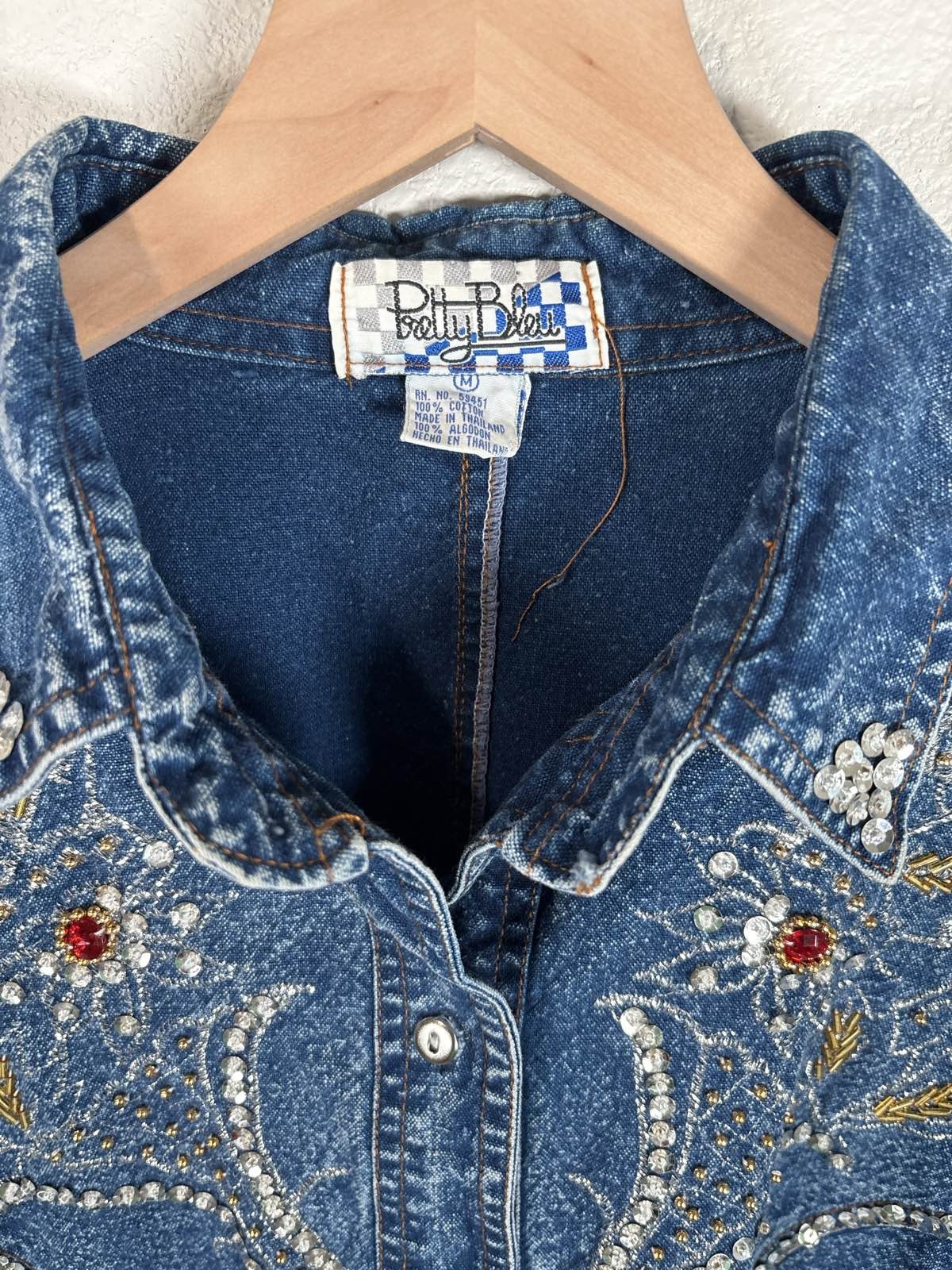 VTG 80s 90s Pretty Bleu Women’s Acid Wash Embellished Denim Jean Shirt M