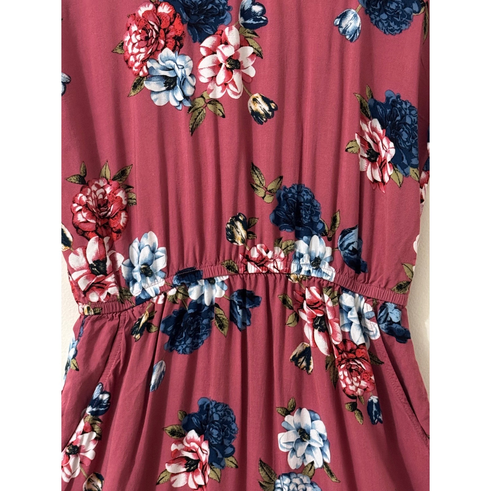 Pink Rose Vintage Floral Dress Medium Mauve Pink Boho Pocket Fit & Flare Rayon