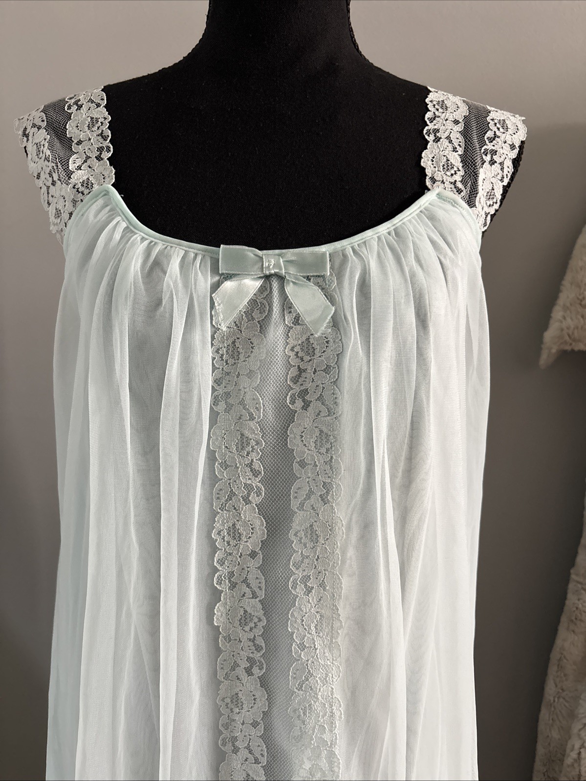 Vtg 60s Lt Blue Double Layer Chiffon Nylon Lace Short Nightgown Nightie Small