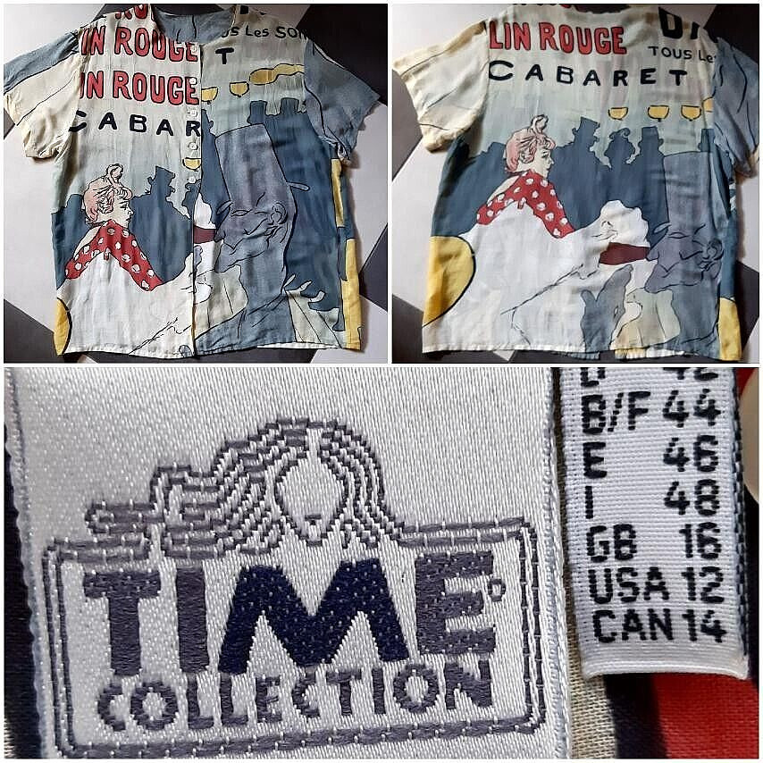 Vintage 80s TIME Collection Women Blouse”Cabaret”Theme Multicolor Made Greece 12