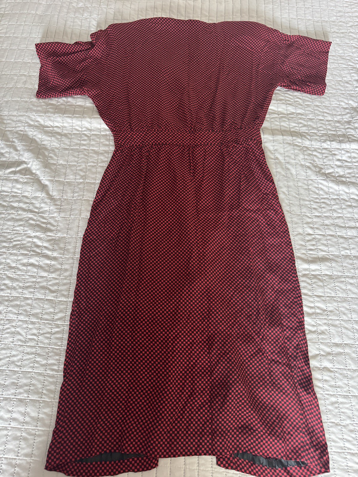 Vintage Ms Chaus Wrap Dress Red Black Check Rayon Midi Pockets Size 14 USA