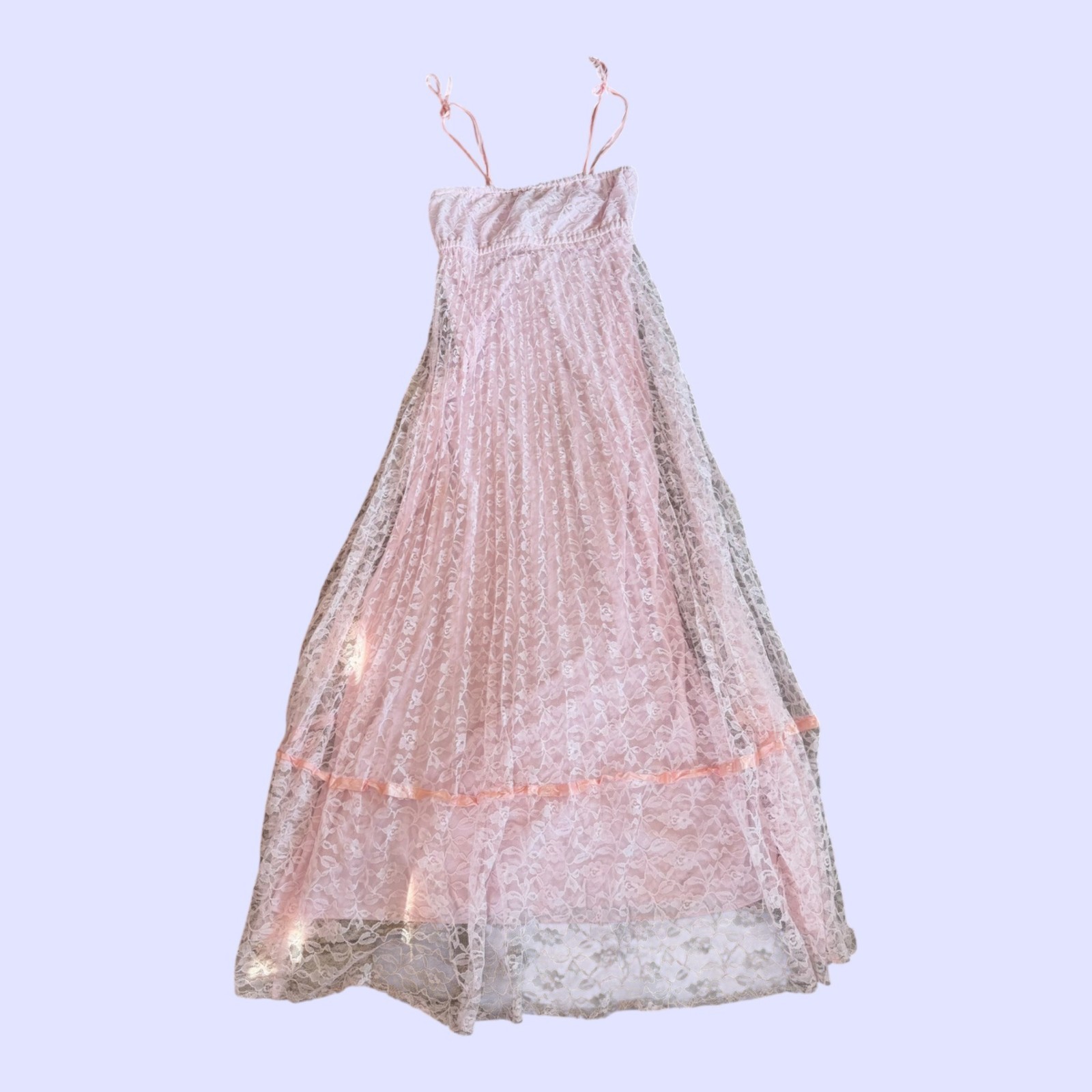 Vintage Pastel Pink Silk Lace Overlay Empire Waist Fairycore Maxi Dress M