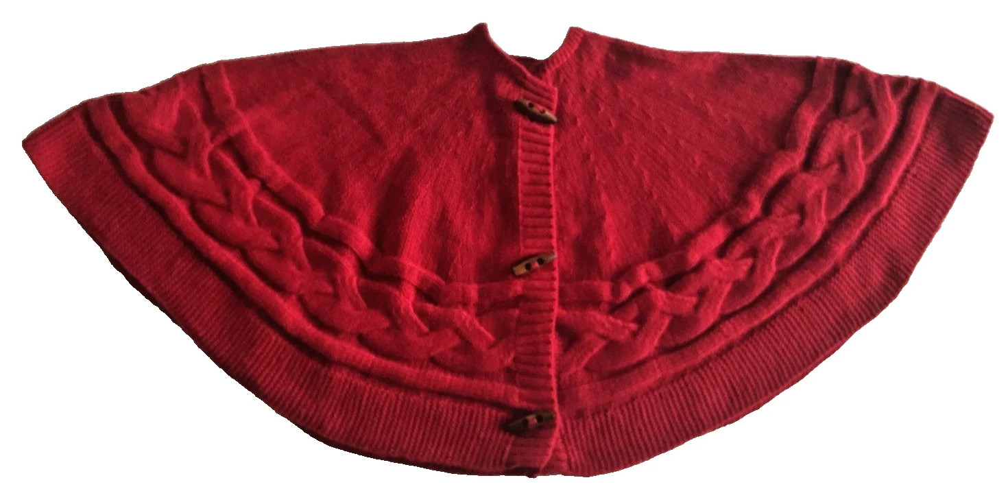 Vintage Hand Knit Cape Shawl Wrap Poncho Red Toggle Button Outlander Cottagecore