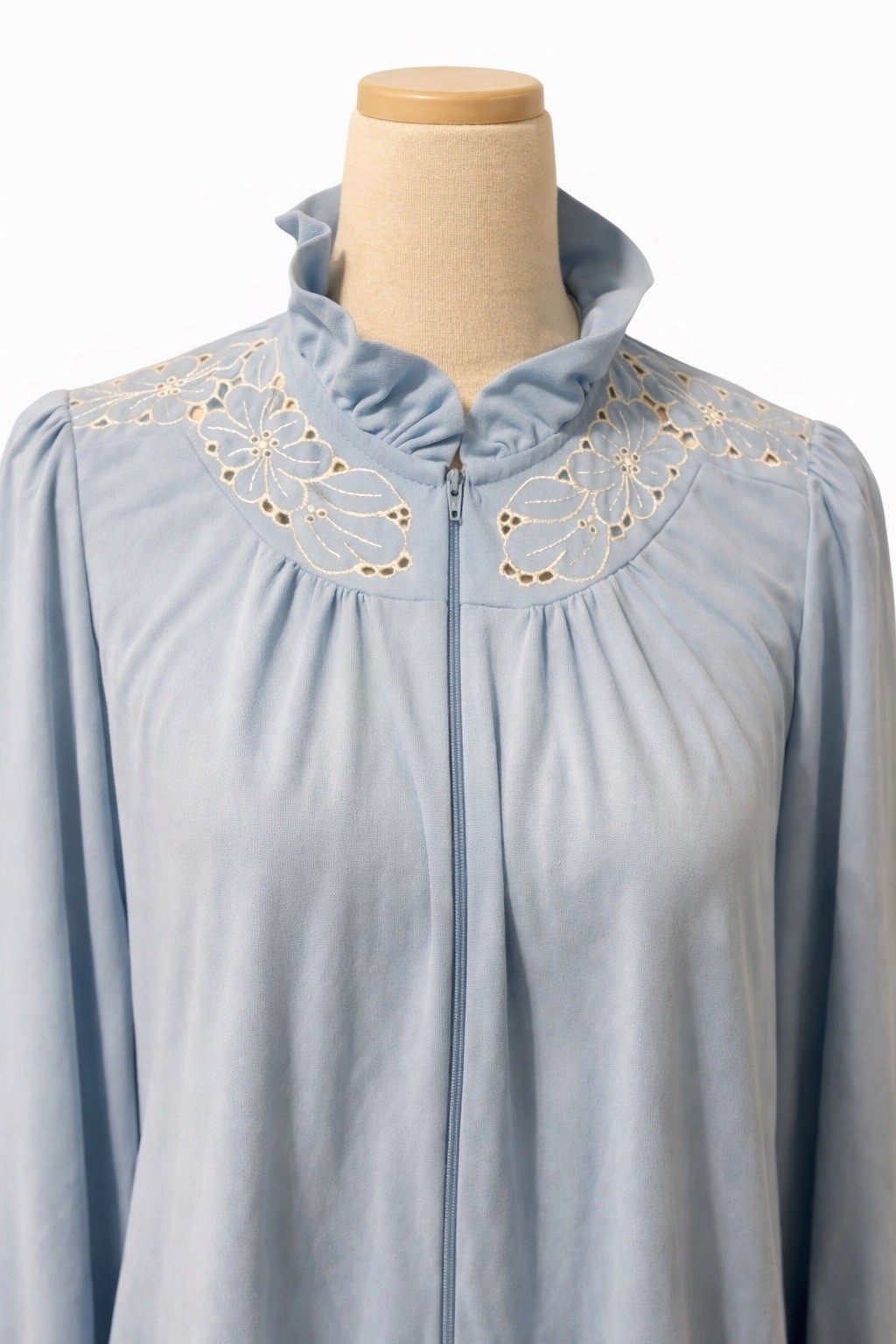 Vintage 1970s Sears Take Along Blue Zip House Dress Embroidered Yoke USA M 12-14