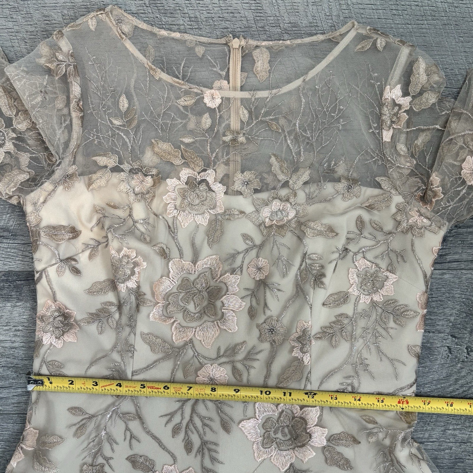 JS Collections Floral Embroidered Illusion Midi Dress Beige Gold Size 10 Wedding