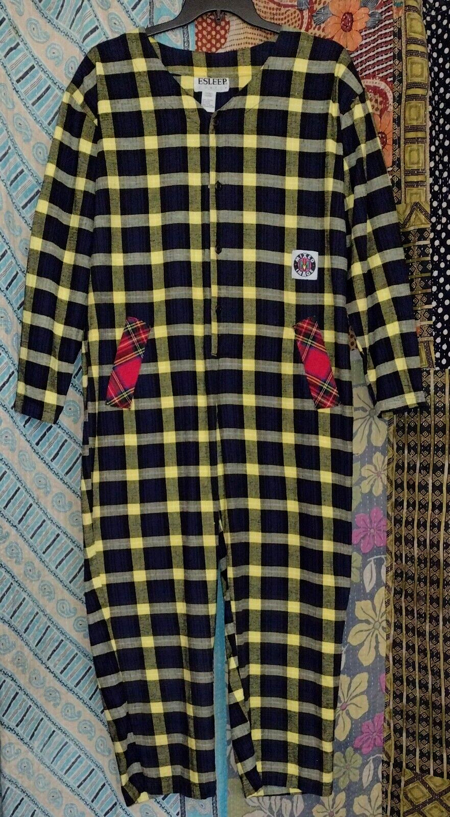 Women’s VTG. ESLEEP Jumpin Funky oversized Plaid Flannel Jumpsuit XL EUC 48B