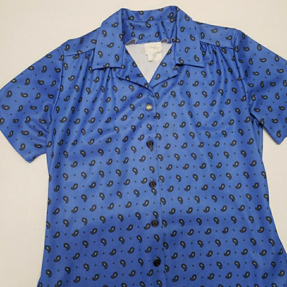 VTG Nancy Frock Wear Anywhere Dress Sz 14 Blue Floral Paisley Short Sleeve Belt
