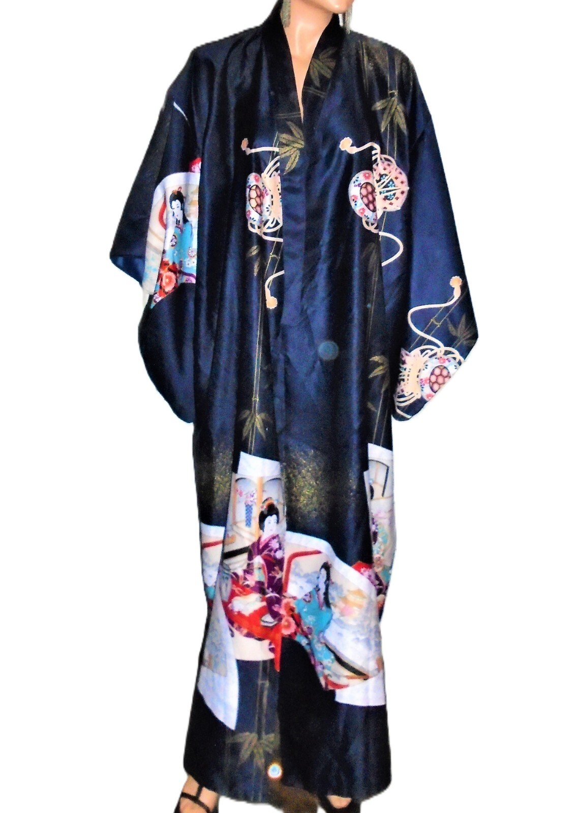 Vintage Navy Blue Asian Kimono Robe One Size