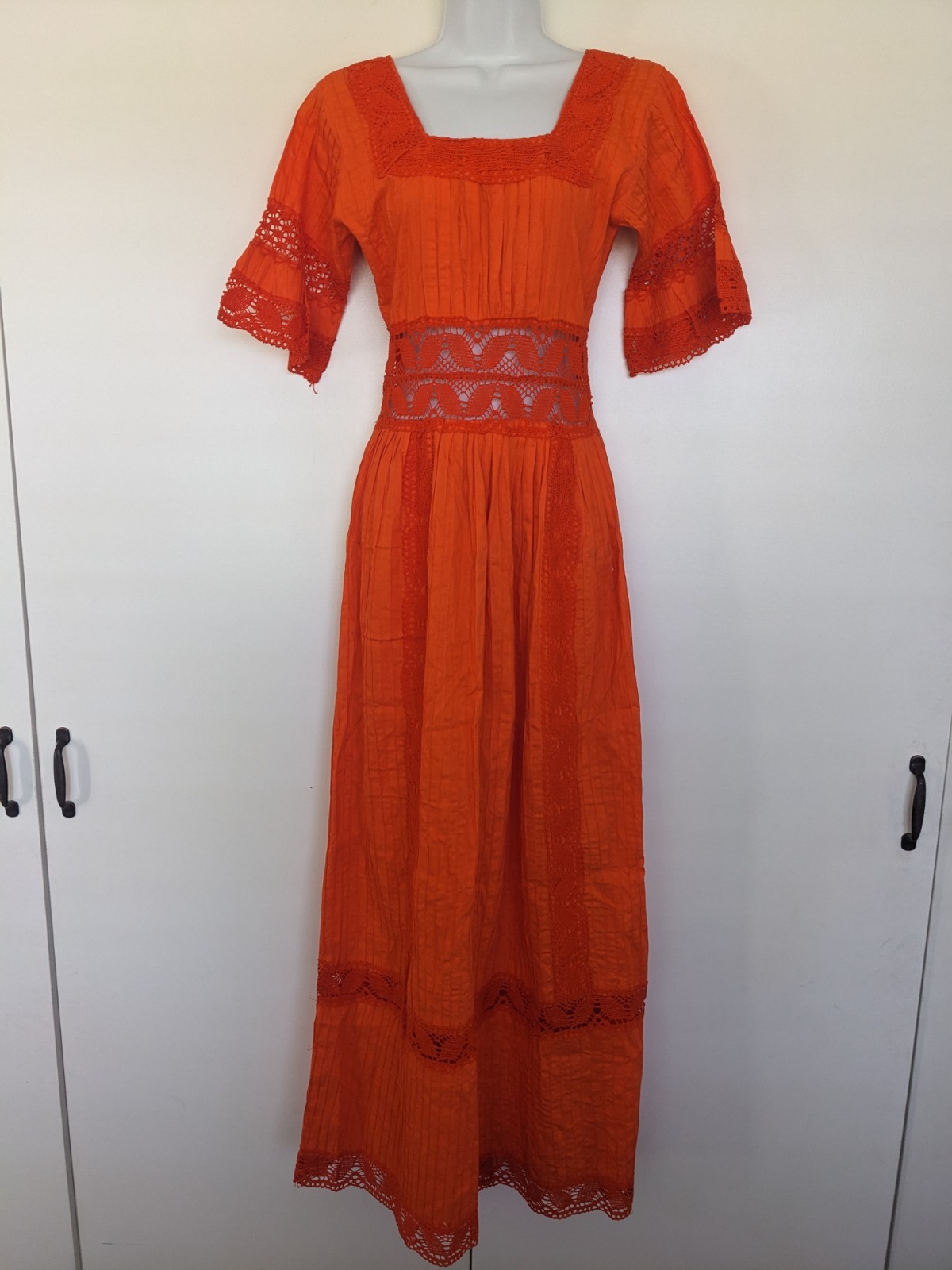 Vintage Orange Cotton Pintuck Crochet Lace Mexican Boho Peasant Dress Maxi 70s