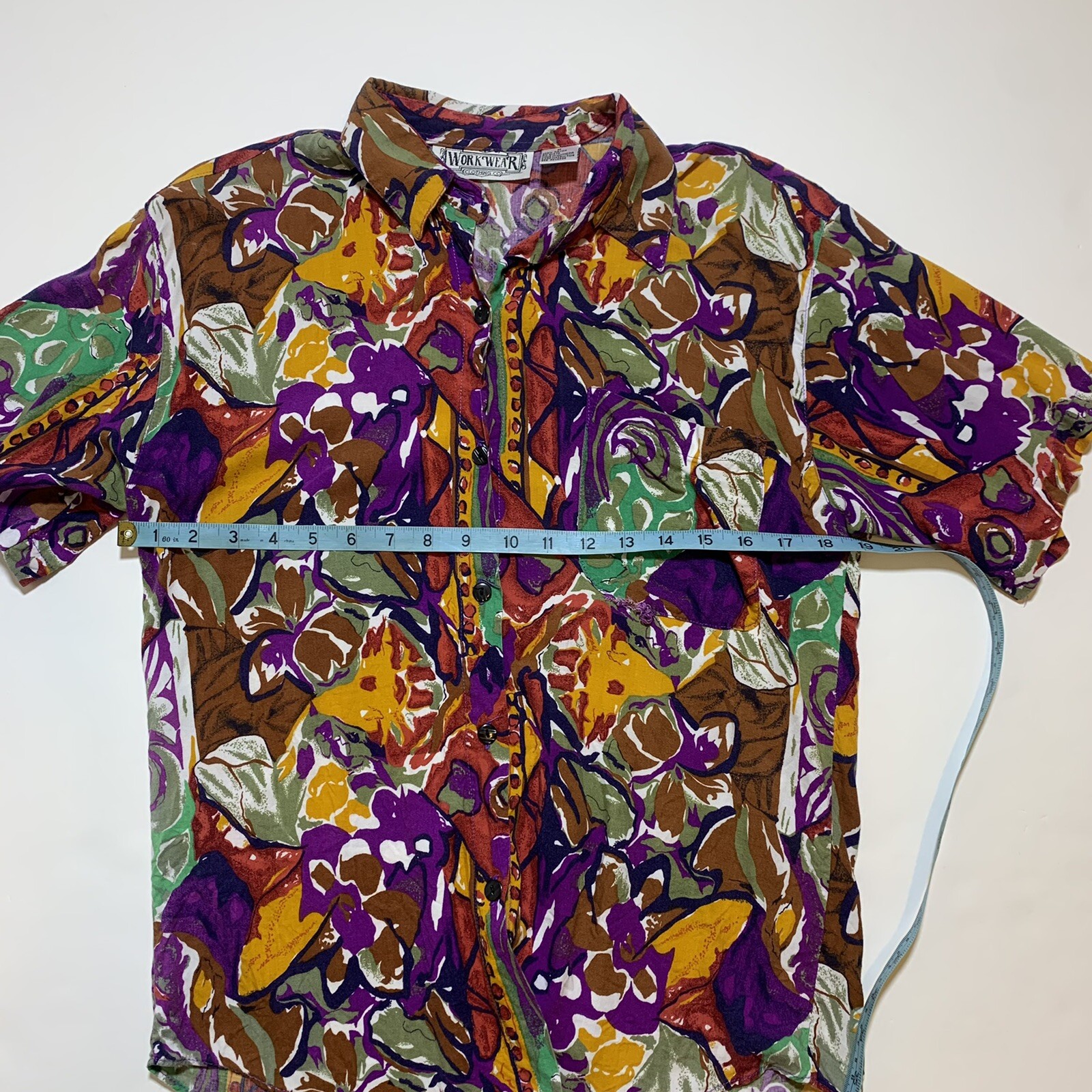 Vintage 90s Work Wear Clothing Co Abstract Art Print Rayon Shirt Blouse Small