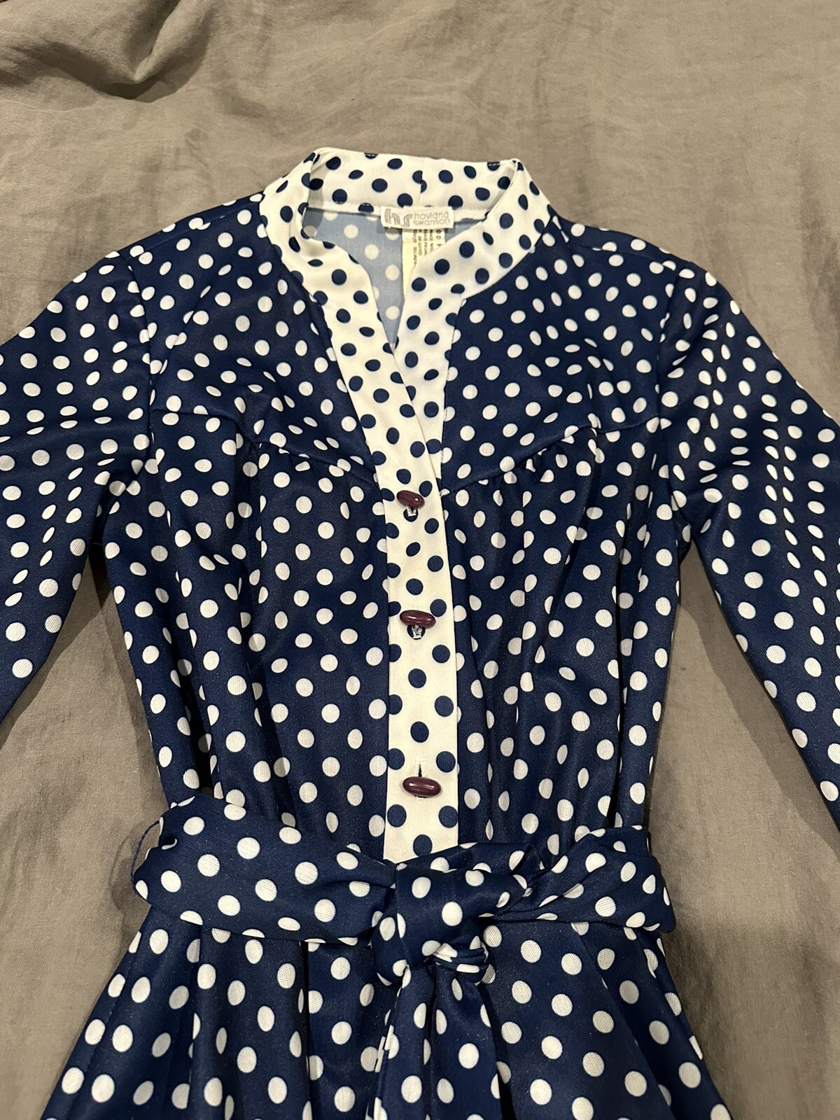 VINTAGE HOVLAND SWASON POLKA DOT TIE WAIST DRESS 1960s Housewife Navy/white