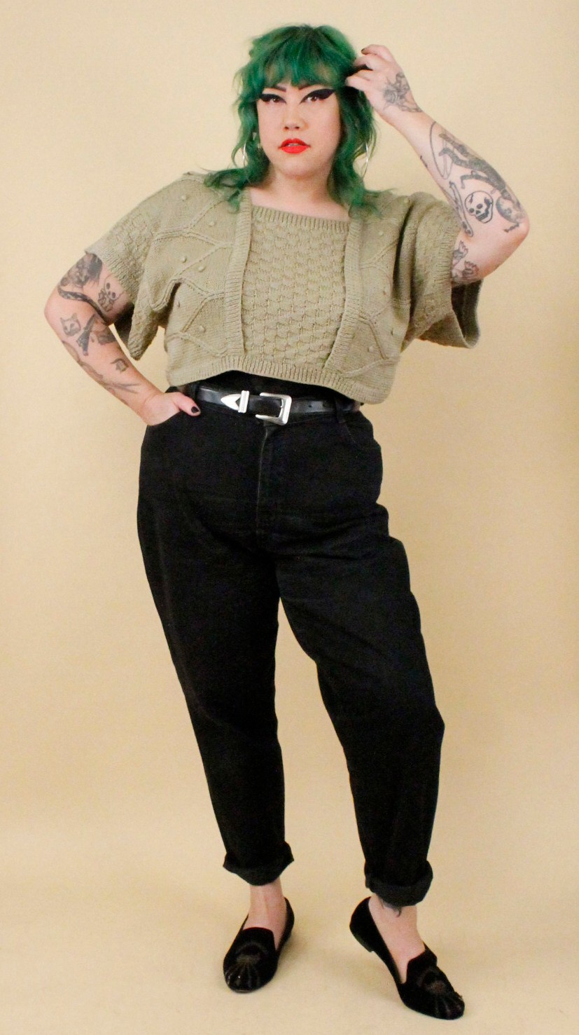 80s Vtg Jeanne Marc Olive Green Knit Cotton & Woven Leather Crop Sweater tag S-L