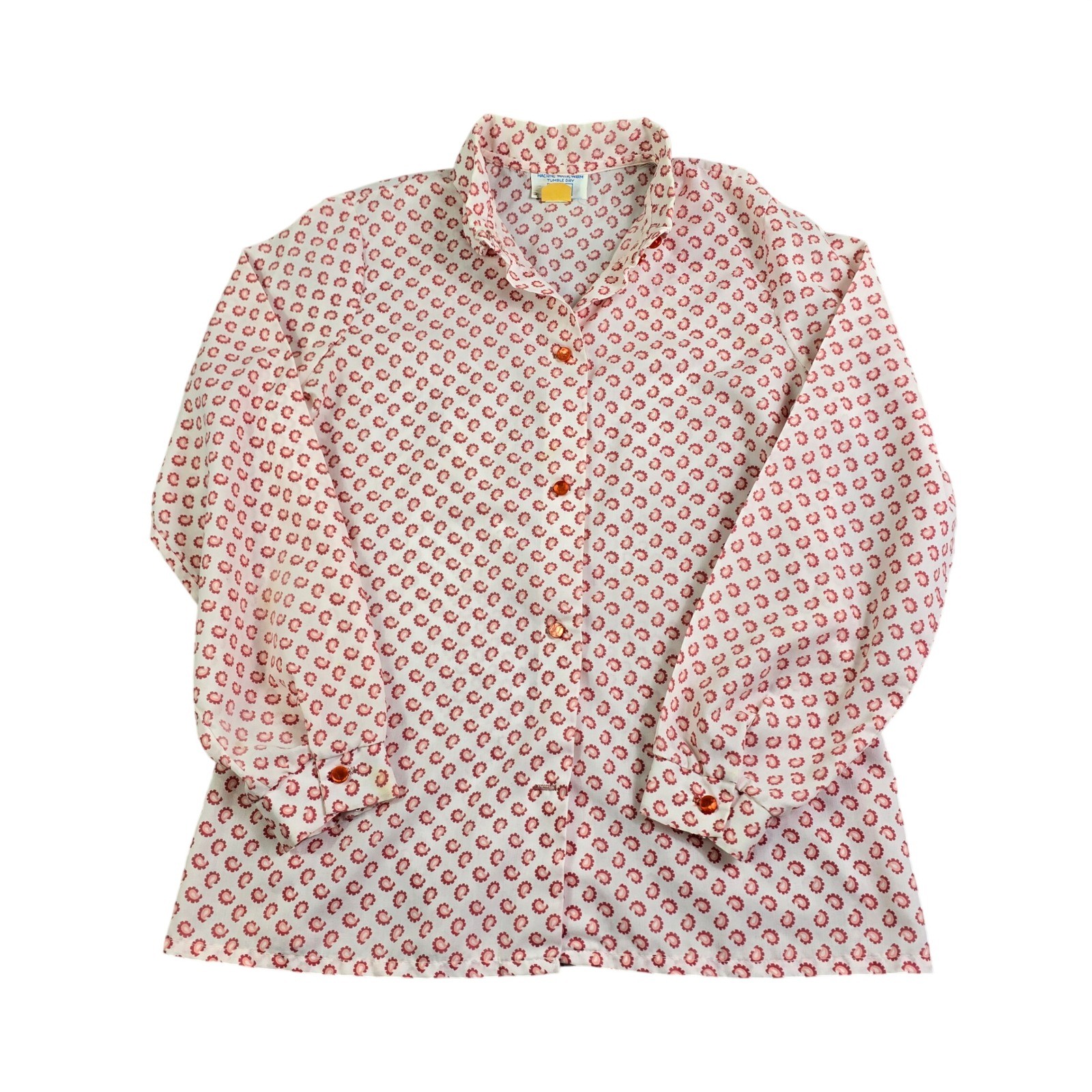 Vintage Sears Button Down Shirt Women M White Pink Orange Paisley 70s ILGWU USA