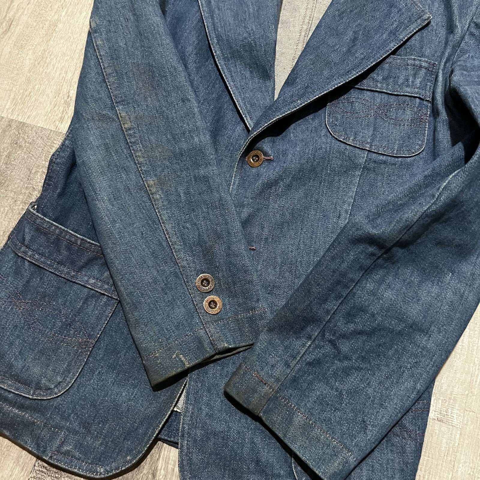 VTG Woodman 1970s Denim Western Blazer Jacket Hippie 2 Button 3 Pocket Boho S