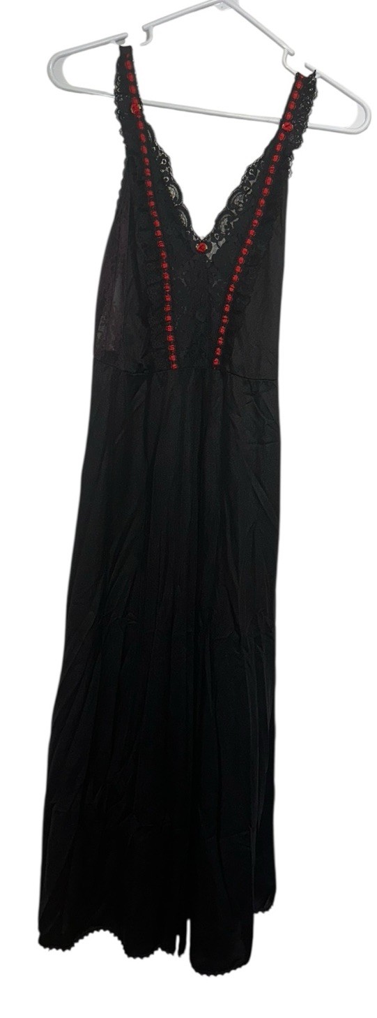 Vintage Tosca Lingerie Long Gown Sz Small Black Red Lace Nylon Whimsigoth Goth