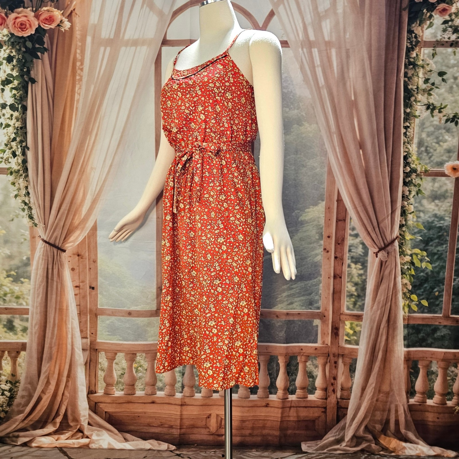Vintage 1970s Dress Sundress Spaghetti Straps Tie Belt Red Cream Floral Boho