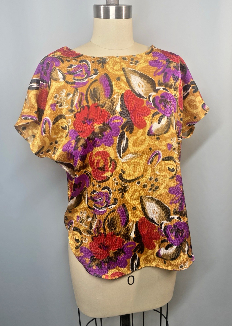 Vintage Blouse SIZE 4 XS PETITE gold red purple floral NOTATIONS 80s 90s