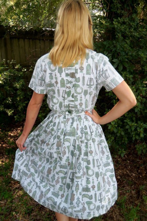 Vtg 50s VIRGINIA HART Cotton Fabric KITCHEN THEME Belt Dress DEADSTOCK M L NOS