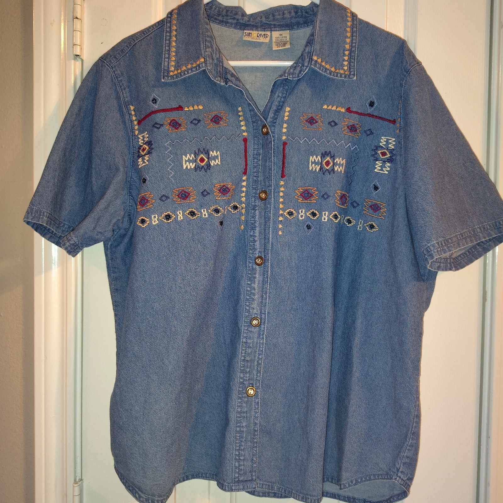 Vintage Embroidered Sun River Denim Aztec Core Button Up Size 1x